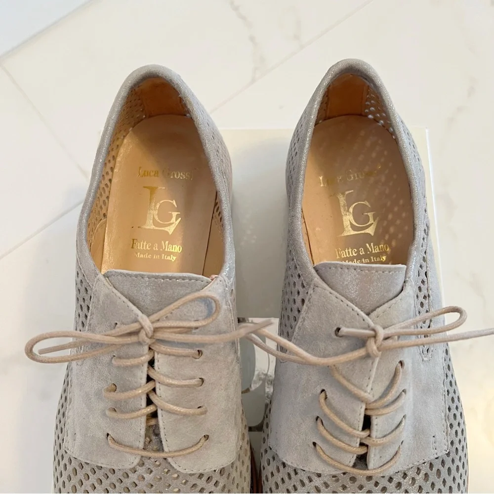 ITALIAN Luca Grossi Sparkly Gray Suede Silver Lace-Up Shoes - Picture 8 of 16